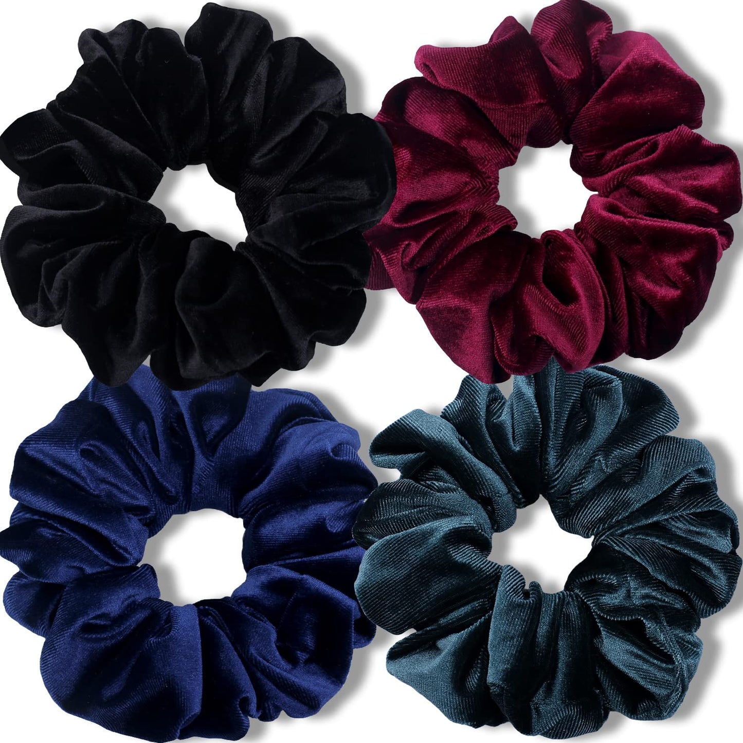 Extra‑Large Velvet Scrunchies for Thick Hair – Soft Premium Jumbo 6‑Inch XL Hair Ties, Big Stretchy Elastic Bands, 4‑Pack (Dark Colors)
