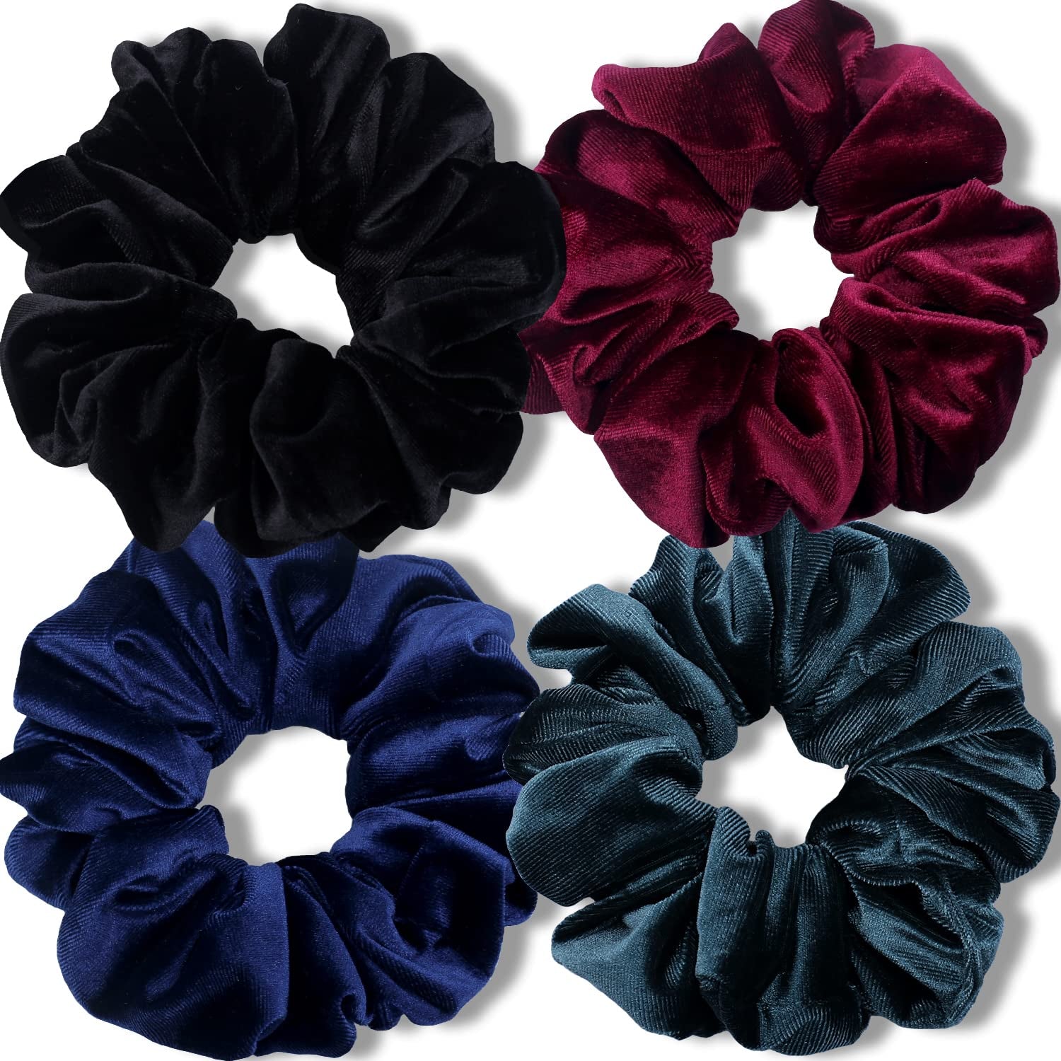 Extra‑Large Velvet Scrunchies for Thick Hair – Soft Premium Jumbo 6‑Inch XL Hair Ties, Big Stretchy Elastic Bands, 4‑Pack (Dark Colors)