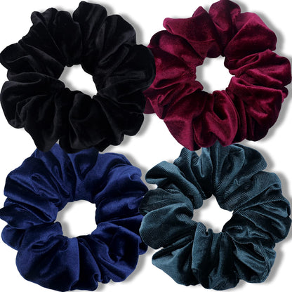 Extra‑Large Velvet Scrunchies for Thick Hair – Soft Premium Jumbo 6‑Inch XL Hair Ties, Big Stretchy Elastic Bands, 4‑Pack (Dark Colors)