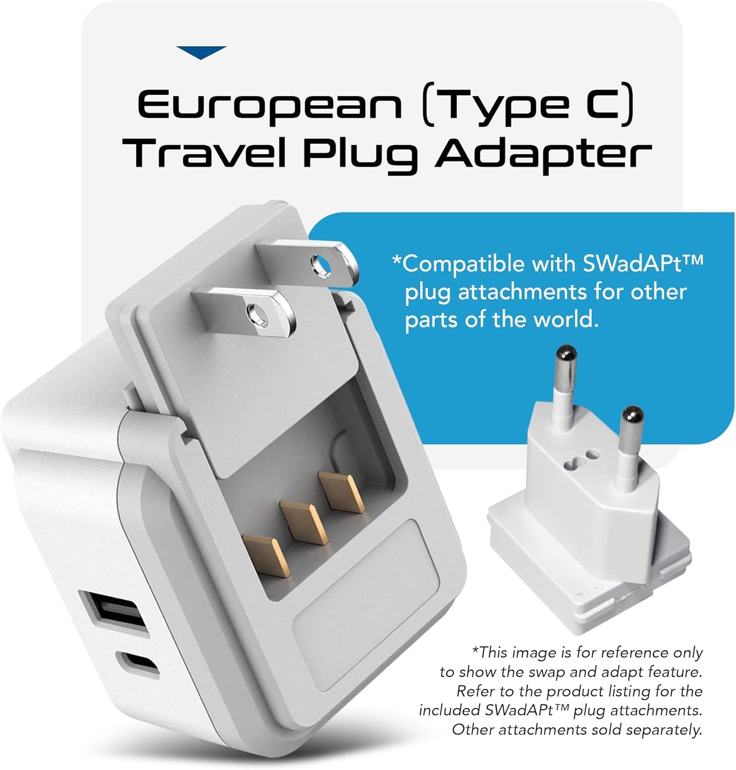 Europe Plug Adapter – 20W PD & QC Fast Charger with Dual USB + USB‑C (3.1A), 2 USA Outlets, Compact Travel Adapter with Type‑C Swadapt Attachment