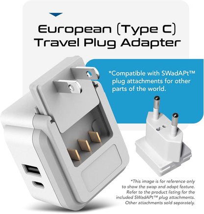 Europe Plug Adapter – 20W PD & QC Fast Charger with Dual USB + USB‑C (3.1A), 2 USA Outlets, Compact Travel Adapter with Type‑C Swadapt Attachment