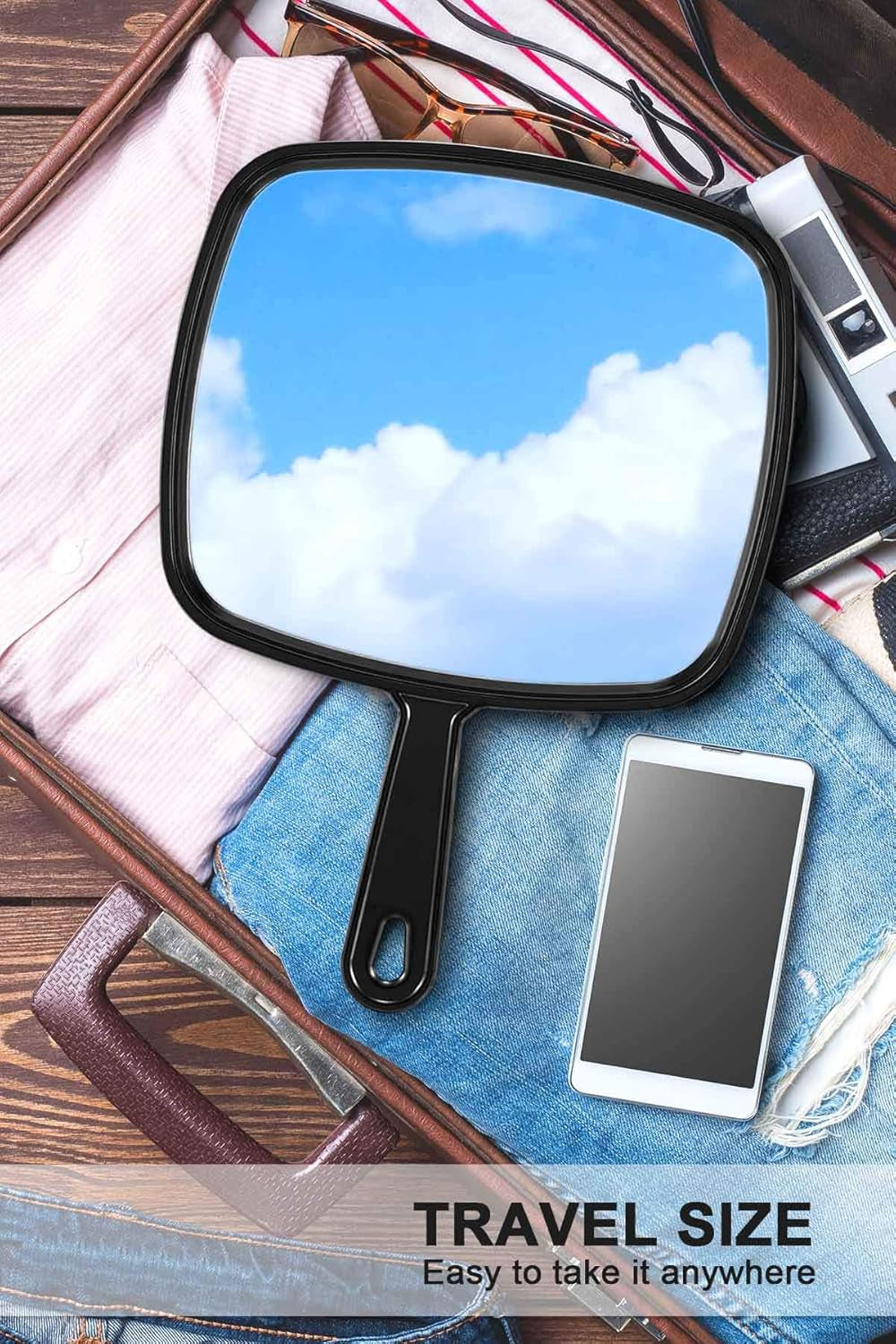 Large Handheld Mirror – 9" x 7.9" Premium Glass Salon Mirror with Waterproof Grip, Hanging Option & Travel‑Light Design