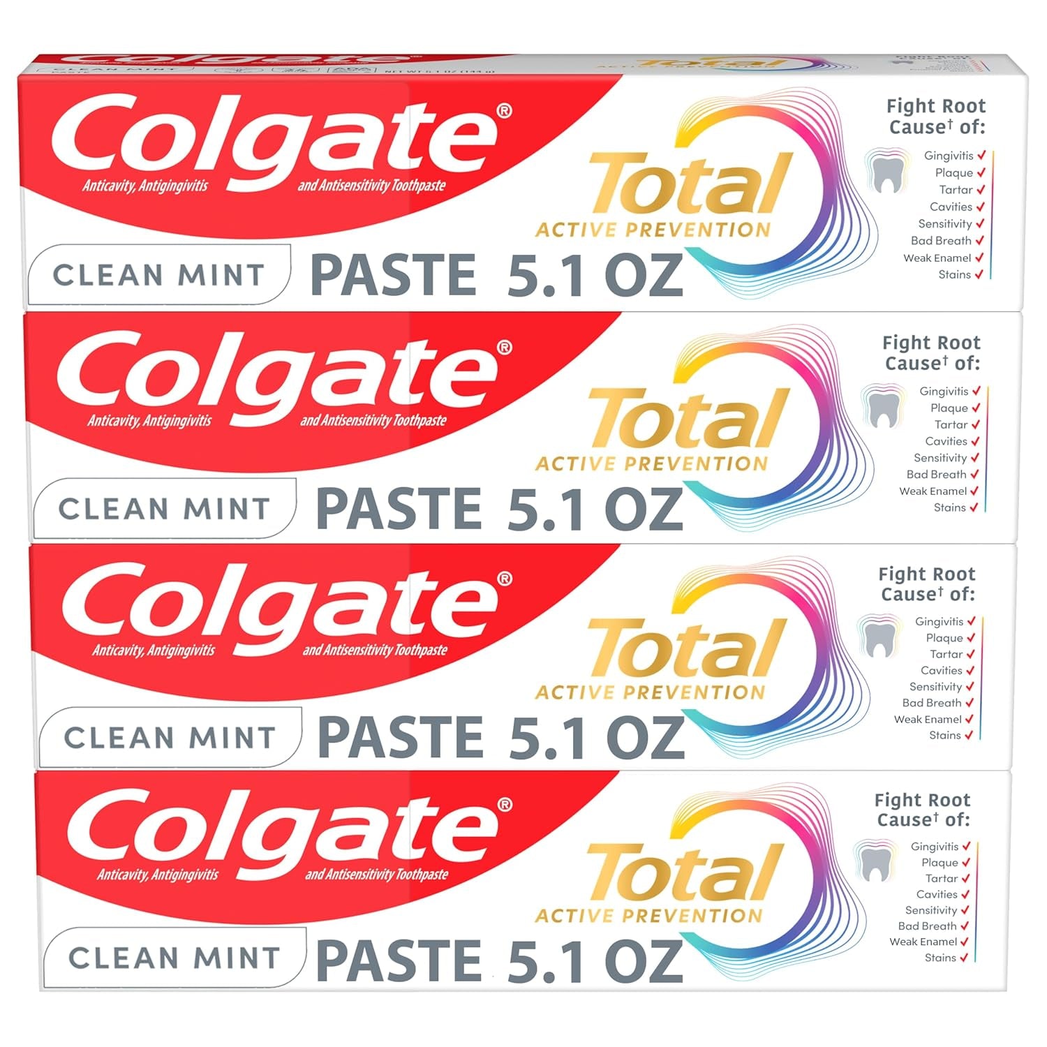 Total Active Prevention Clean Mint Toothpaste – Anticavity Fluoride, Plaque‑Fighting Formula, 4‑Pack (5.1 oz Each)