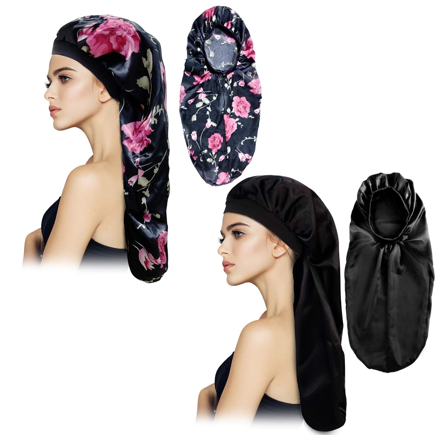 2‑Pack Extra‑Large Satin Sleep Caps – 27" Long Bonnets for Braids, Locs, Curly & Natural Hair Soft No‑Slip Silky Bonnet Set for Women & Men