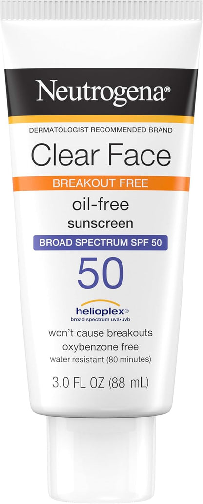 Clear Face SPF 50 Sunscreen – Oil‑Free, Fragrance‑Free, Water‑Resistant Lotion for Acne‑Prone & Oily Skin (3 fl oz)