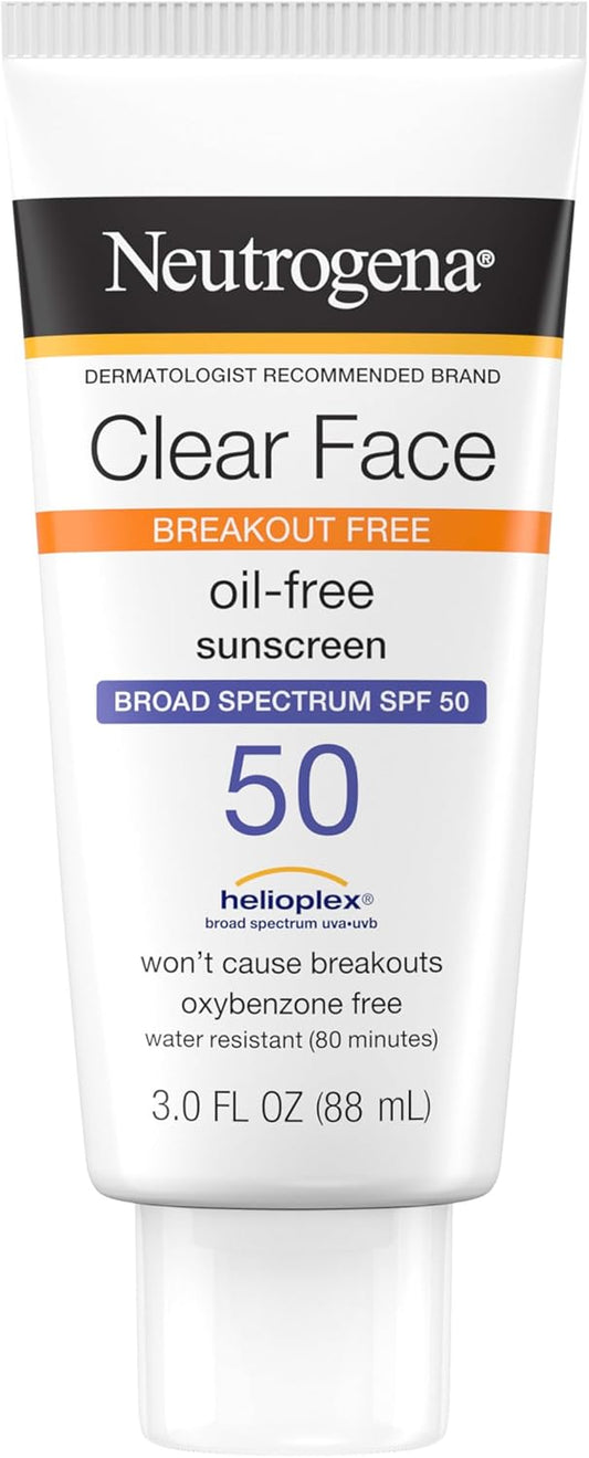 Clear Face SPF 50 Sunscreen – Oil‑Free, Fragrance‑Free, Water‑Resistant Lotion for Acne‑Prone & Oily Skin (3 fl oz)
