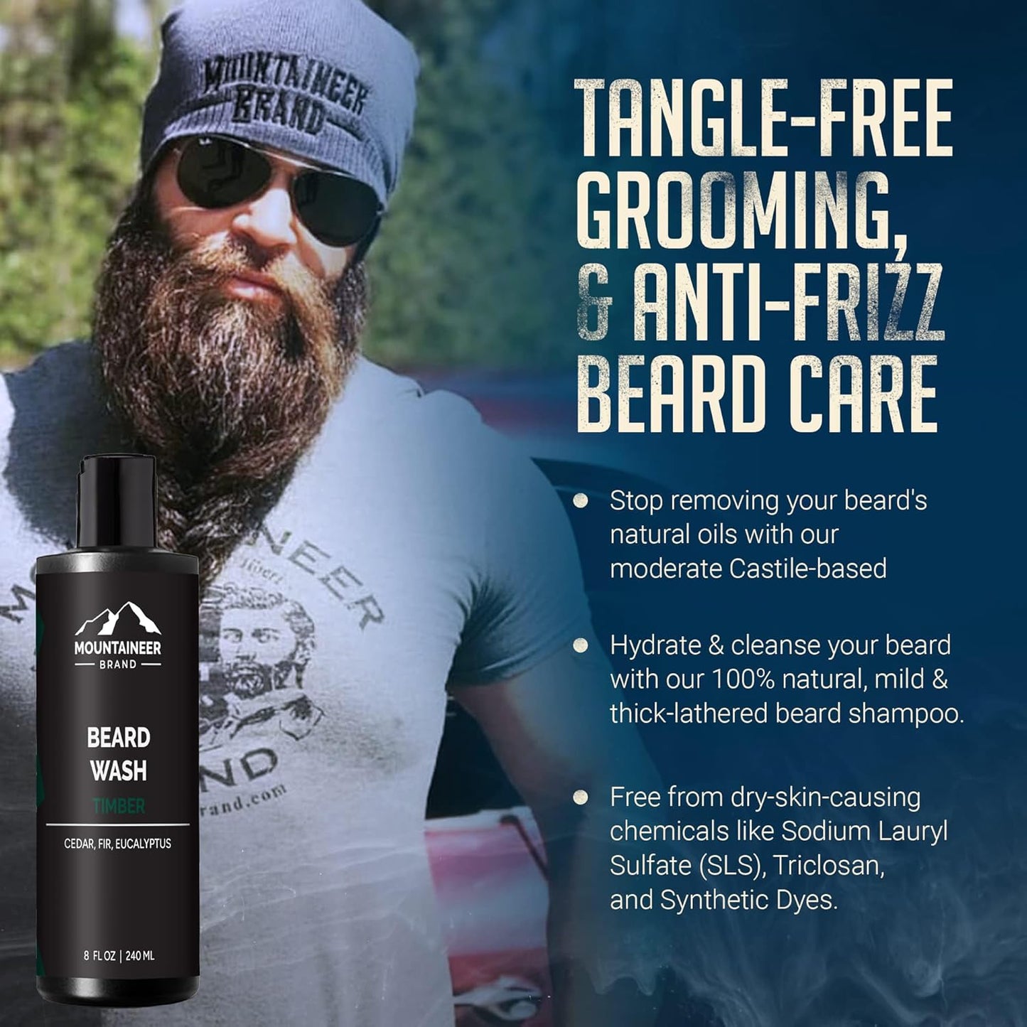 Beard Wash for Men – 100% Natural Beard Shampoo with Thick Softening Lather, Hydrating & Detangling Grooming Treatment for Hair & Skin, Timber Scent (8oz)