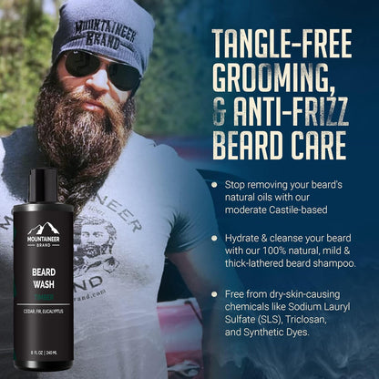 Beard Wash for Men – 100% Natural Beard Shampoo with Thick Softening Lather, Hydrating & Detangling Grooming Treatment for Hair & Skin, Timber Scent (8oz)