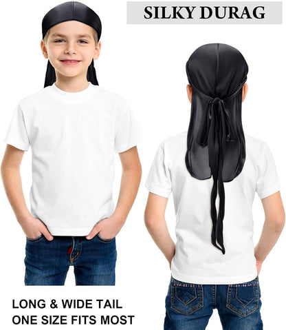 6‑Piece Kids Satin Durag & Wave Cap Set – Unisex 360 Wave Headwraps with Long Tail & Wide Straps