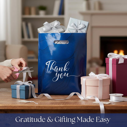 100‑Pack Navy Blue “Thank You” Merchandise Bags – 12x15" Heavy‑Duty 2.36 Mil Plastic Retail Bags with Die‑Cut Handles & Elegant Silver Print