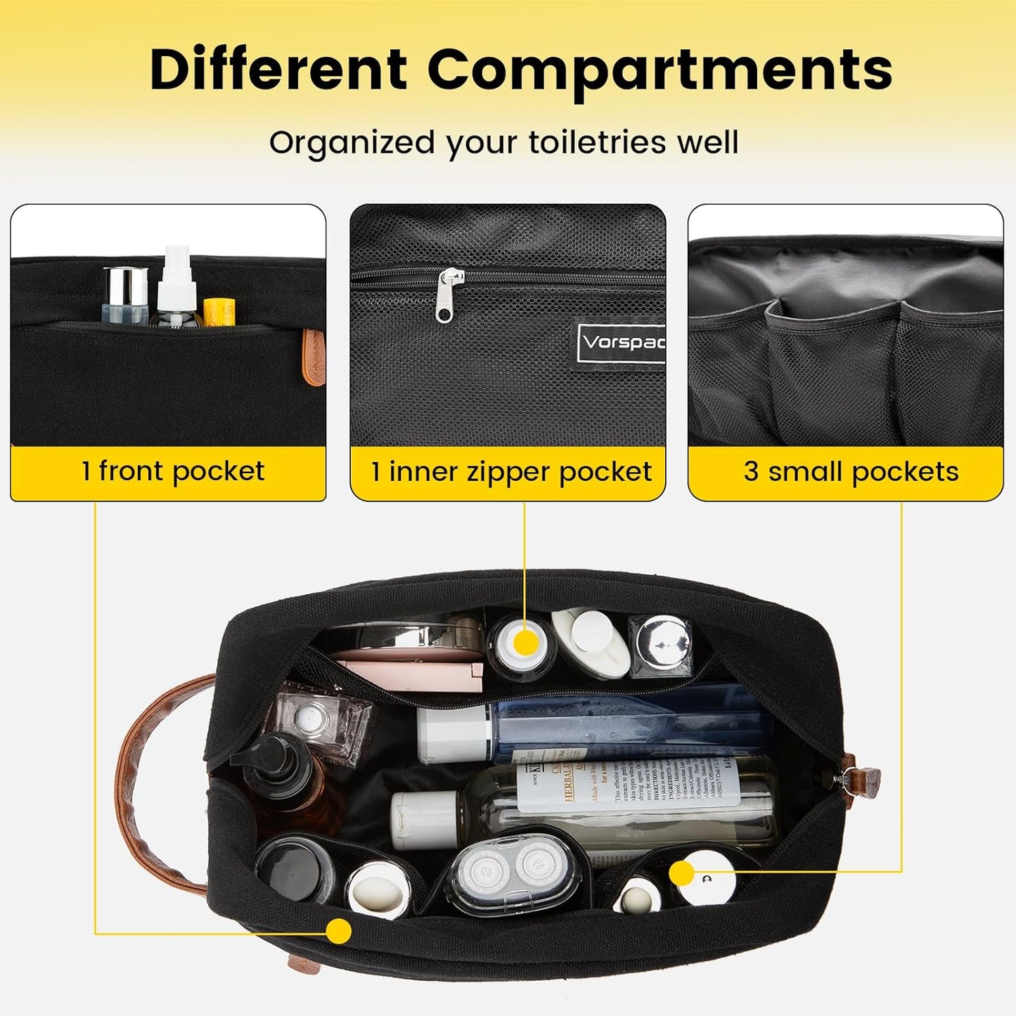 Hanging Travel Toiletry Bag for Men – Water‑Resistant Canvas Shaving Bag with Large Capacity & Multiple Compartments (Black)