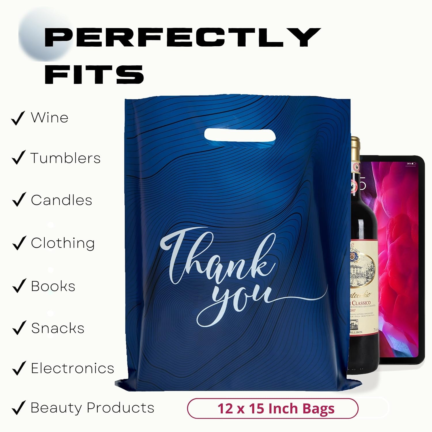 100‑Pack Navy Blue “Thank You” Merchandise Bags – 12x15" Heavy‑Duty 2.36 Mil Plastic Retail Bags with Die‑Cut Handles & Elegant Silver Print