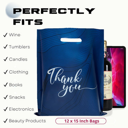 100‑Pack Navy Blue “Thank You” Merchandise Bags – 12x15" Heavy‑Duty 2.36 Mil Plastic Retail Bags with Die‑Cut Handles & Elegant Silver Print