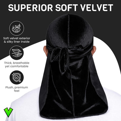 Superior Velvet Durag – Extra Long Straps, Silky Interior, Breathable Compression for 360/540/720 Waves