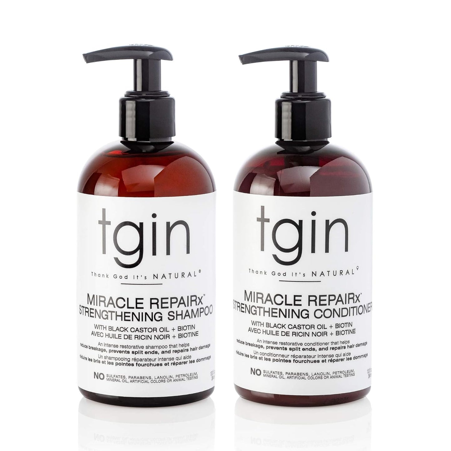 tgin Miracle RepaiRx Strengthening Shampoo & Conditioner – Black Castor Oil + Biotin Repair Duo for Damaged, Brittle Hair