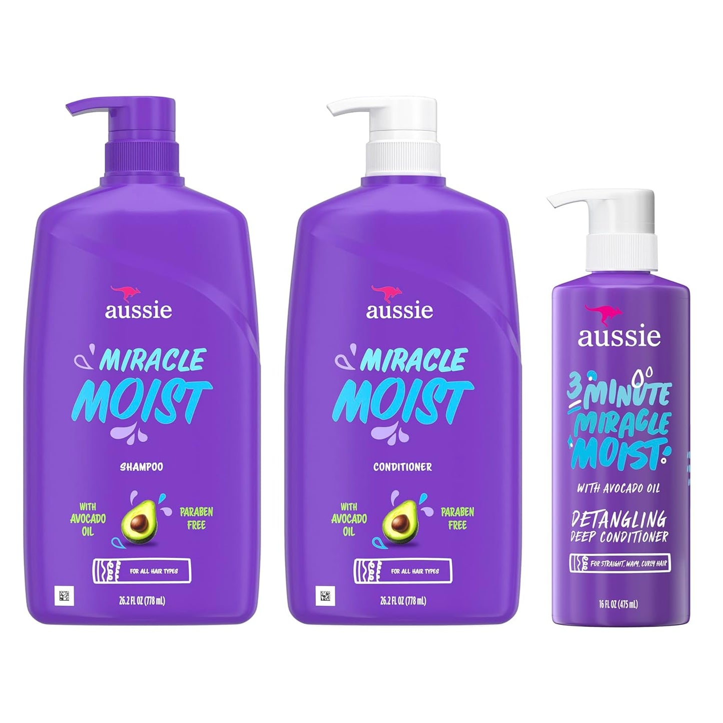 Aussie Miracle Moist Hydration Trio – Shampoo, Conditioner & 3‑Minute Deep Conditioner with Avocado Oil (Straight to Curly Hair)