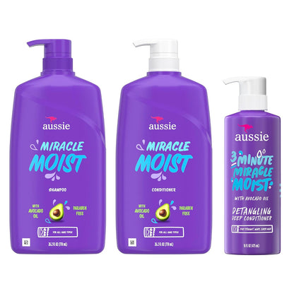 Aussie Miracle Moist Hydration Trio – Shampoo, Conditioner & 3‑Minute Deep Conditioner with Avocado Oil (Straight to Curly Hair)
