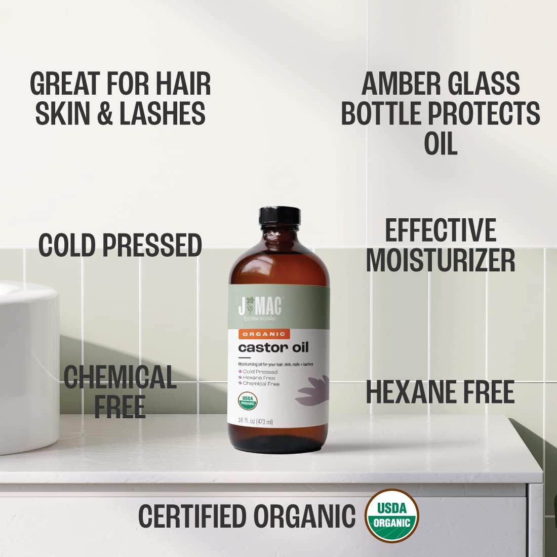 Organic Castor Oil – Cold‑Pressed, Pure & Unrefined, Hexane‑Free, 16 oz Glass Bottle for Face, Skin, Hair, Eyelashes, Packs & Wraps