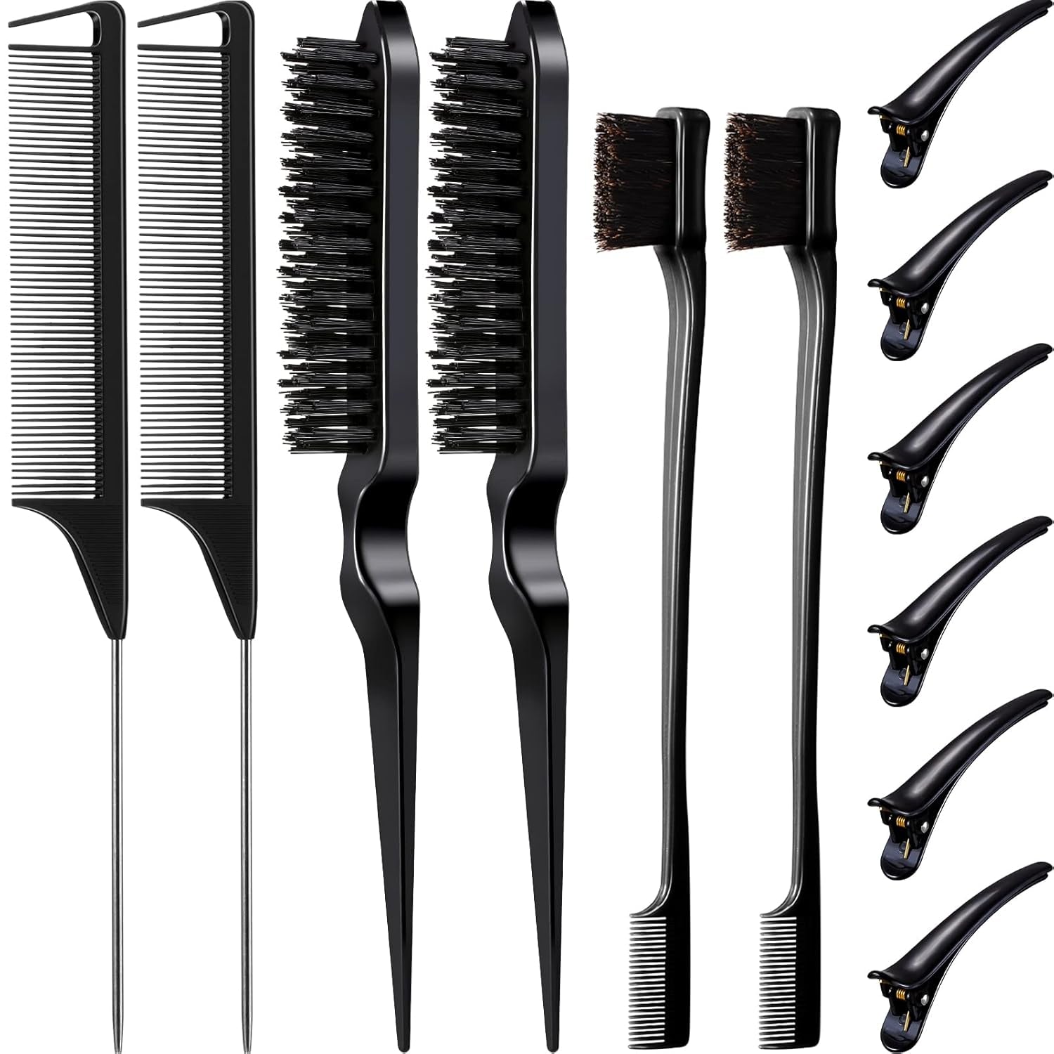 12‑Piece Hair Styling Tool Set – Double‑Sided Edge Brushes, Teasing Brushes, Rat Tail Combs & Duckbill Clips for Edges, Parting & Salon Styling