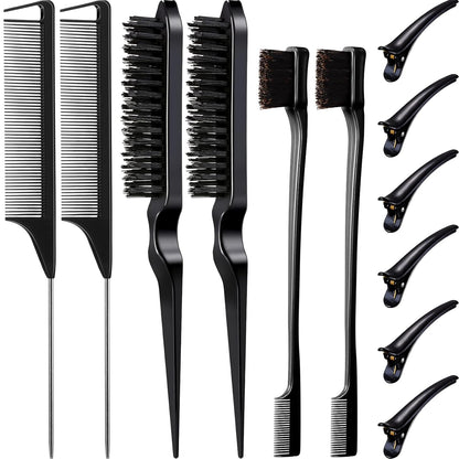12‑Piece Hair Styling Tool Set – Double‑Sided Edge Brushes, Teasing Brushes, Rat Tail Combs & Duckbill Clips for Edges, Parting & Salon Styling
