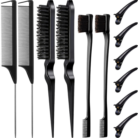 12‑Piece Hair Styling Tool Set – Double‑Sided Edge Brushes, Teasing Brushes, Rat Tail Combs & Duckbill Clips for Edges, Parting & Salon Styling