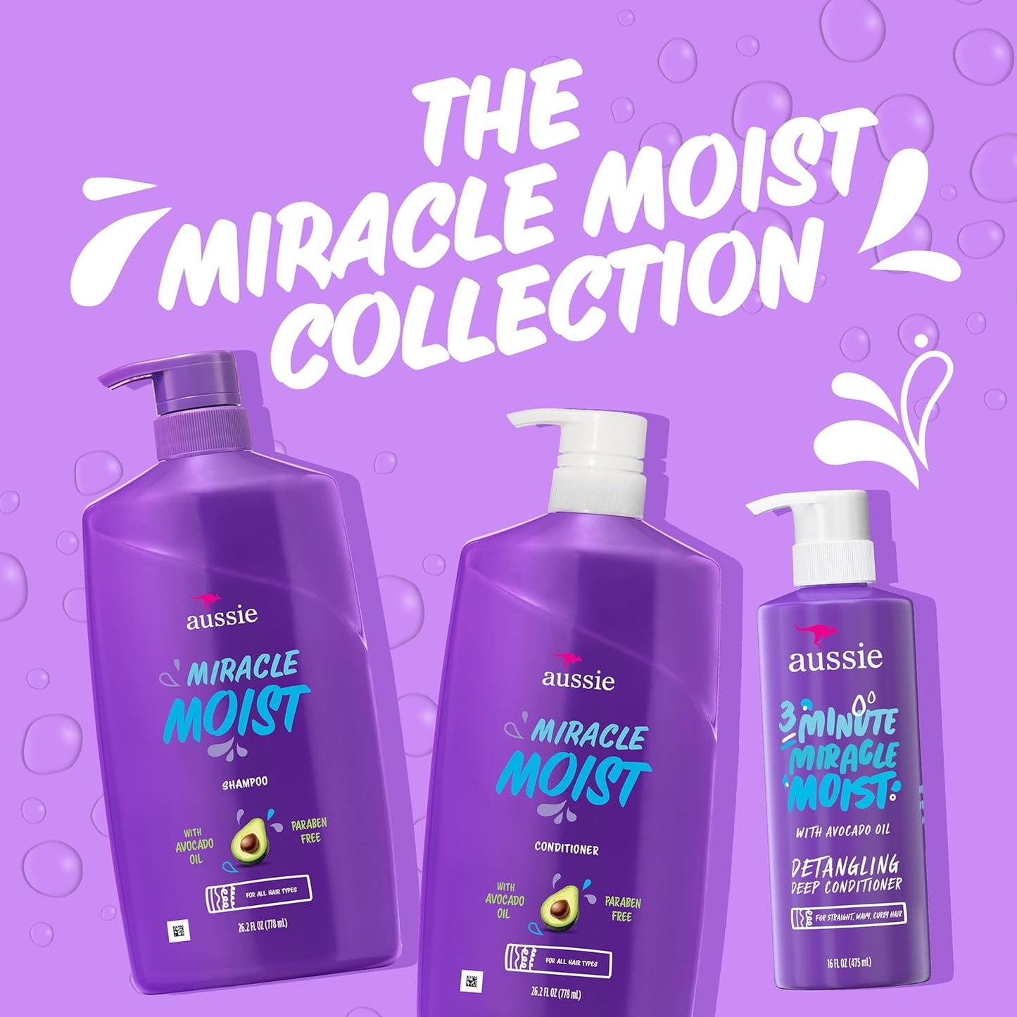 Aussie Miracle Moist Hydration Trio – Shampoo, Conditioner & 3‑Minute Deep Conditioner with Avocado Oil (Straight to Curly Hair)