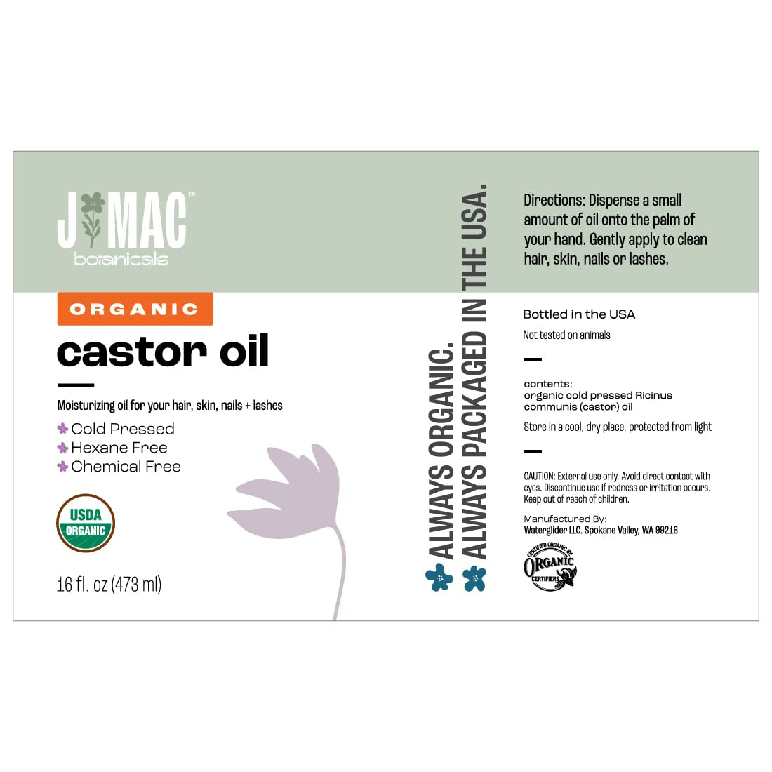 Organic Castor Oil – Cold‑Pressed, Pure & Unrefined, Hexane‑Free, 16 oz Glass Bottle for Face, Skin, Hair, Eyelashes, Packs & Wraps