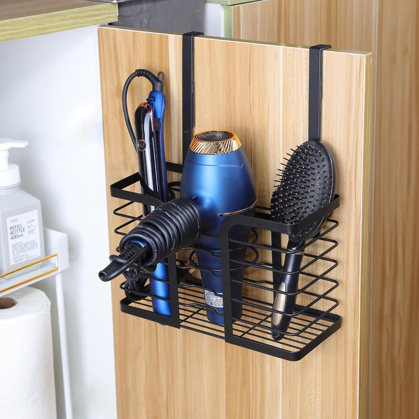 3‑in‑1 Hair Dryer Organizer – Stainless Steel Over‑Cabinet or Countertop Holder with Adjustable Height, Large Capacity Storage for Hair Tools, Brushes & Accessories