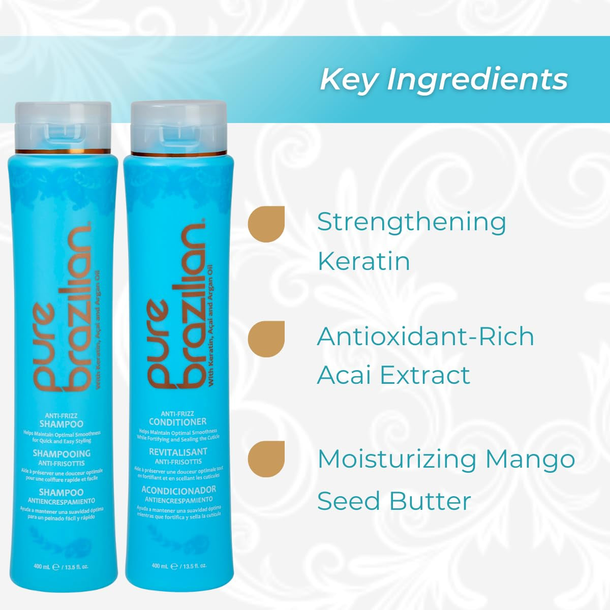 Pure Brazilian Anti‑Frizz Daily Shampoo & Conditioner Duo – Keratin, Argan Oil & Acai for Smooth, Shiny, Color‑Safe Hair (13.5 oz Each)
