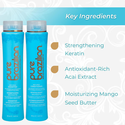 Pure Brazilian Anti‑Frizz Daily Shampoo & Conditioner Duo – Keratin, Argan Oil & Acai for Smooth, Shiny, Color‑Safe Hair (13.5 oz Each)