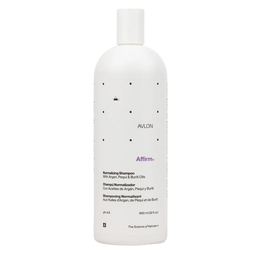 Bottle of Avlon Affirm Normalizing Shampoo 32 oz, a pH balancing post-relaxer shampoo with color indicator for removing relaxer residue and restoring healthy hair