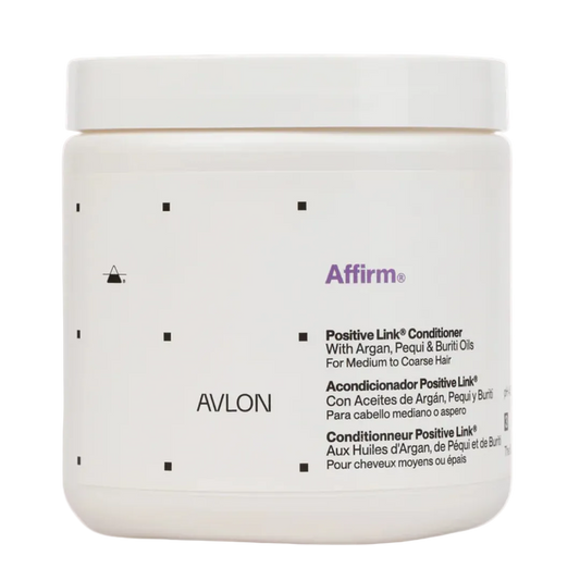 Avlon Affirm Positive Link Conditioner 16oz bottle, Step 3 post-relaxer treatment that restores pH balance, strengthens hair, and improves softness for chemically treated hair