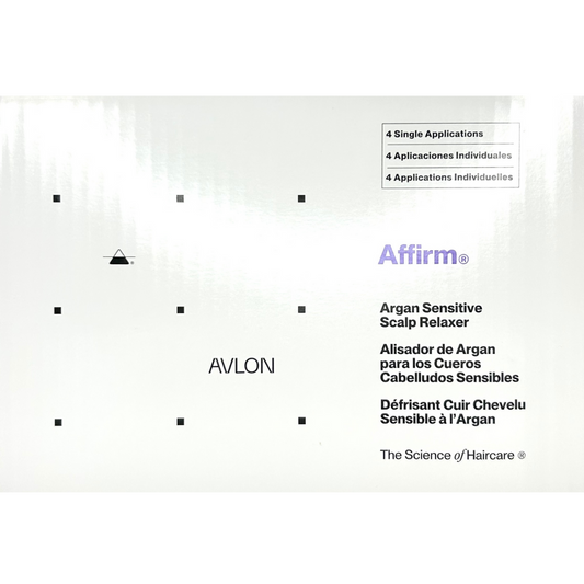 Avlon Affirm Sensitive Scalp Relaxer 4PK with argan oil, a conditioning relaxer designed for dry and irritated scalp that straightens hair while reducing irritation