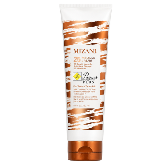 Mizani 25 Miracle 8.5oz Leave In Cream in a white squeeze tube with orange and white brushstroke patterns and a metallic copper cap, shown on a plain white background.