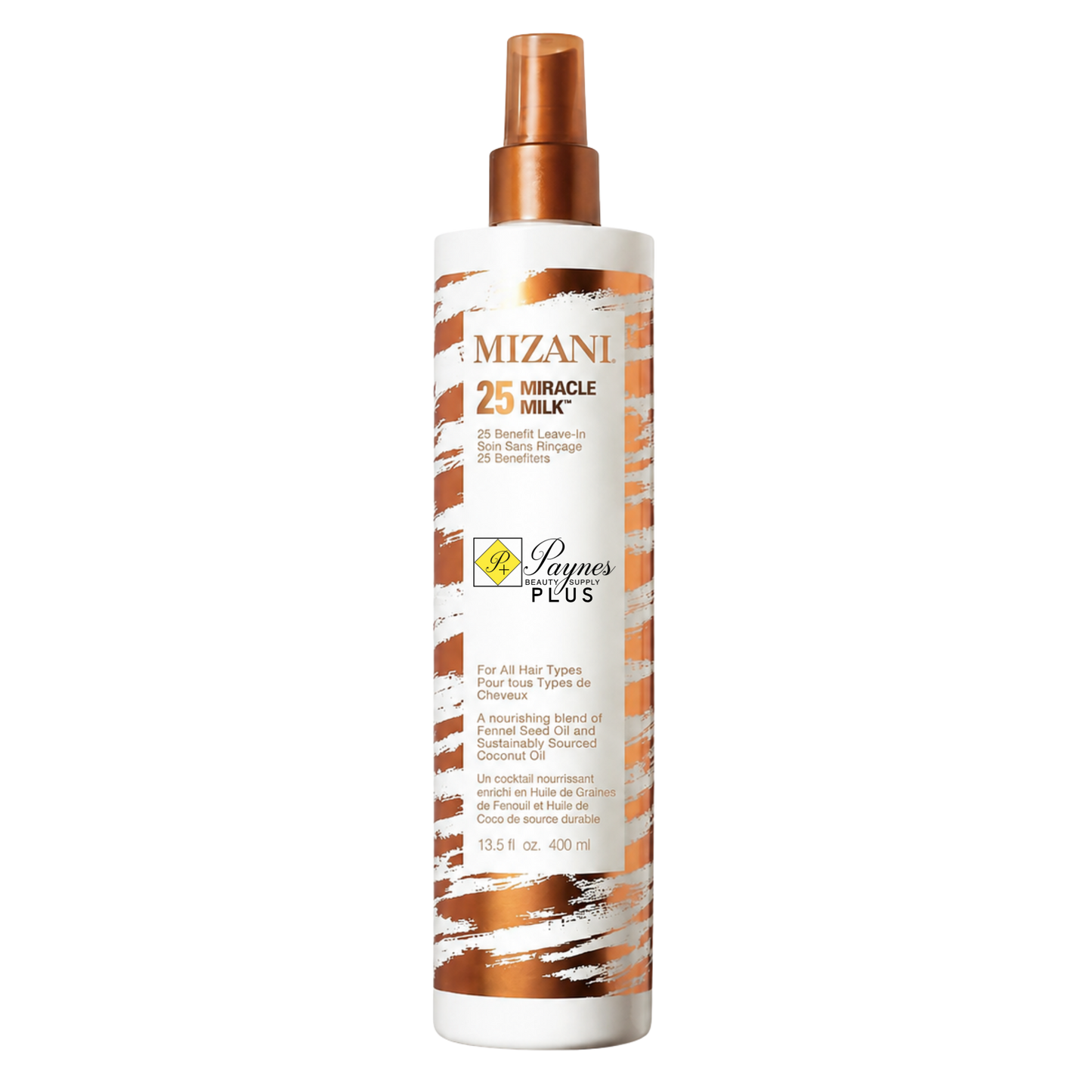 A bottle 13.5oz of  Mizani 25 Miracle Milk hair spray with a white bottle, copper spray nozzle, and copper and brown abstract pattern on the label.