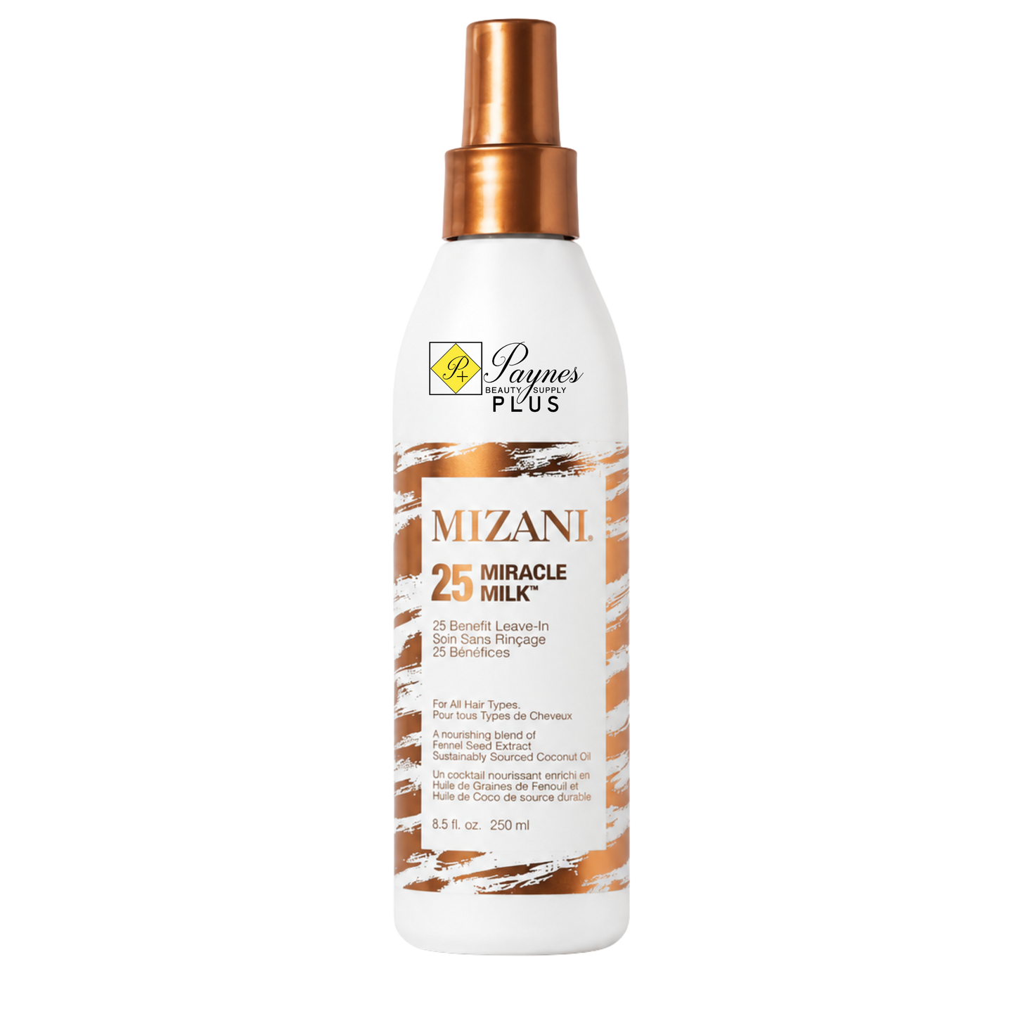 A bottle 8.5oz of  Mizani 25 Miracle Milk hair spray with a white bottle, copper spray nozzle, and copper and brown abstract pattern on the label.