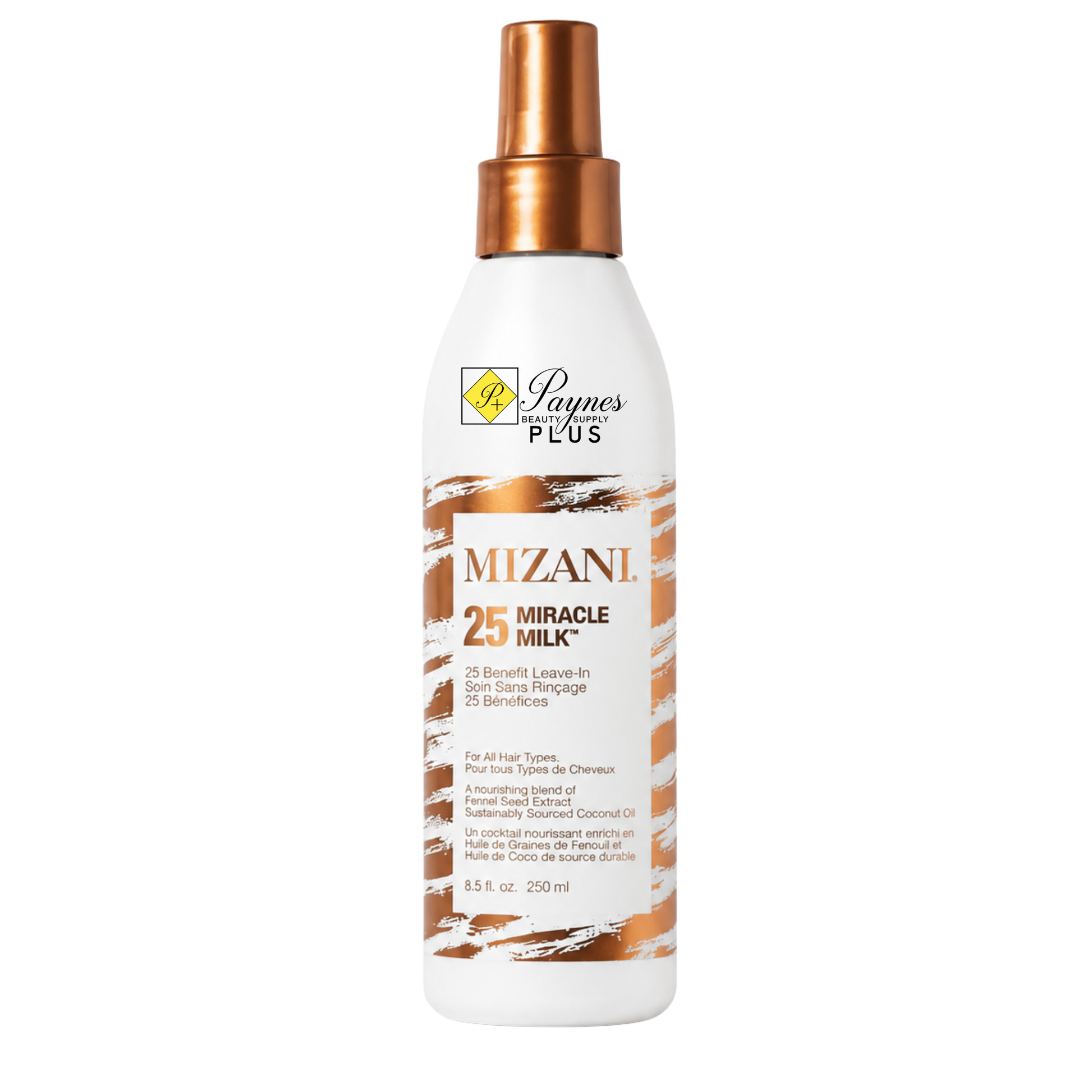 A bottle 8.5oz of  Mizani 25 Miracle Milk hair spray with a white bottle, copper spray nozzle, and copper and brown abstract pattern on the label.