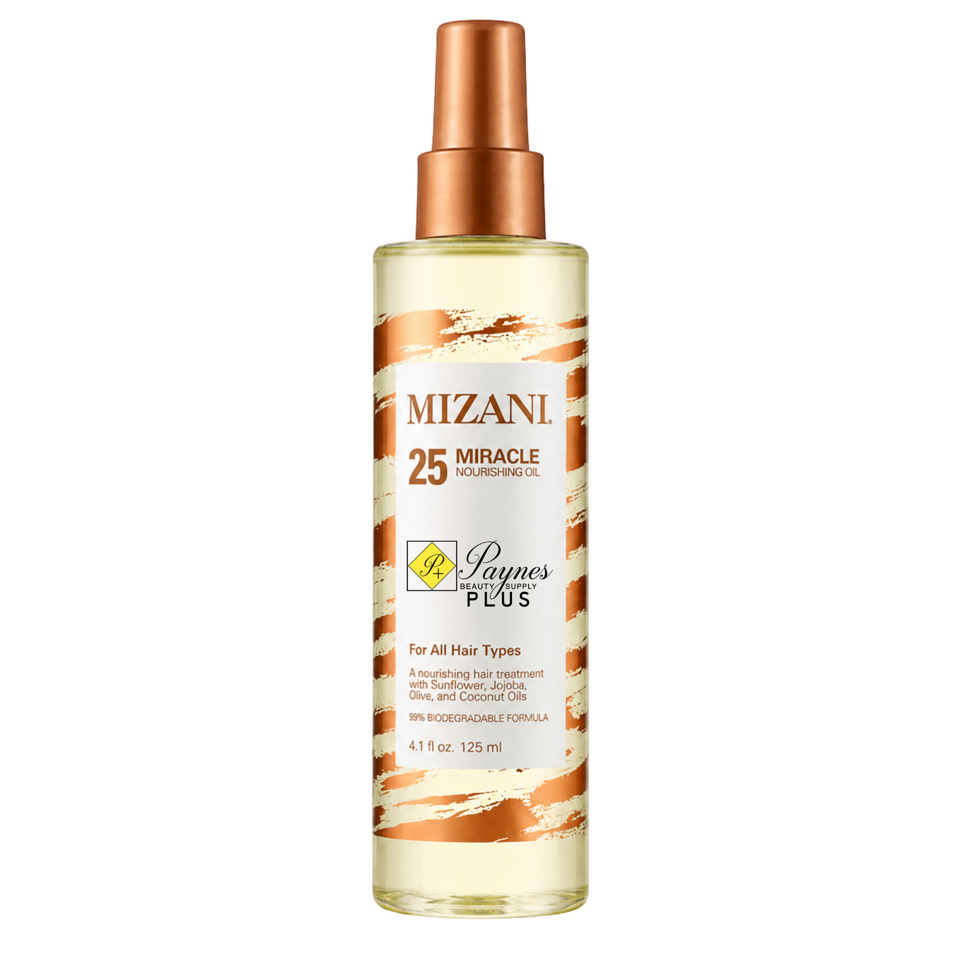 Mizani 25 Miracle Hair Oil 4.2oz in a clear spray bottle with a metallic copper pump, featuring white and orange text on a white background.