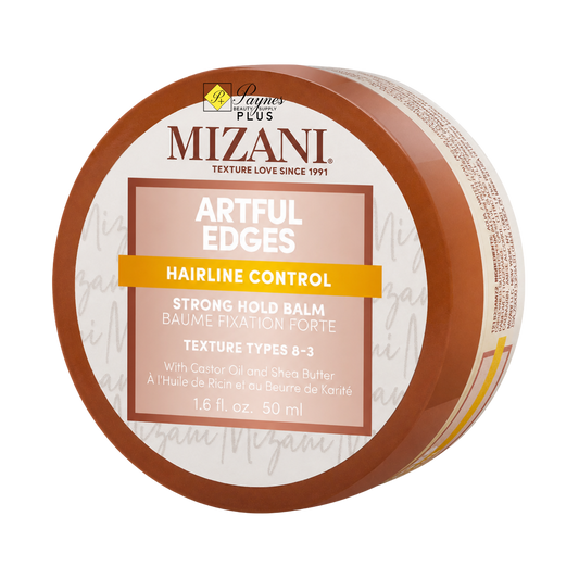 Mizani Artful Edges Hairline Control Strong Hold Balm 1.6oz in a round brown plastic jar with a white and peach label, on a white background.