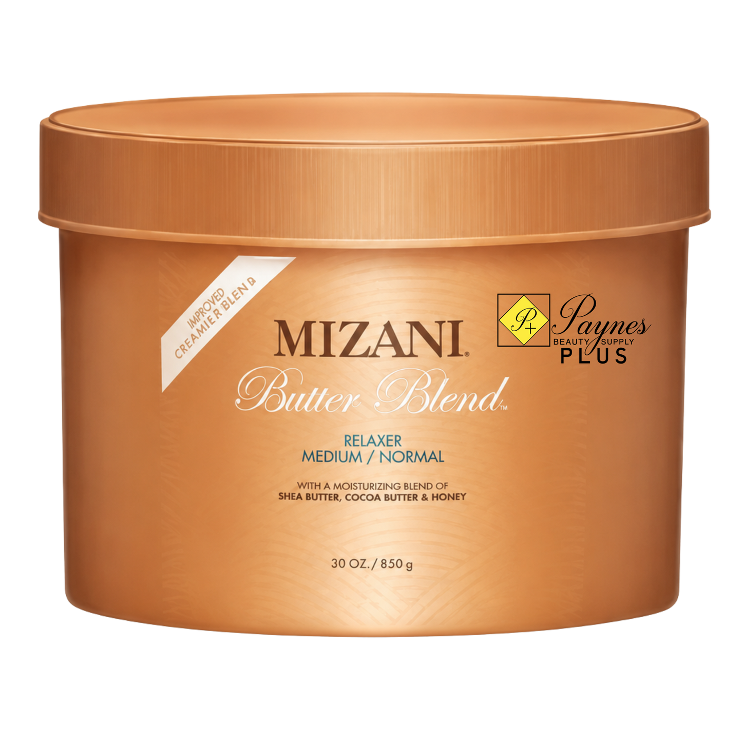A 30 oz jar of Mizani Butter Blend Relaxer Medium/Normal hair relaxer on a solid white background.