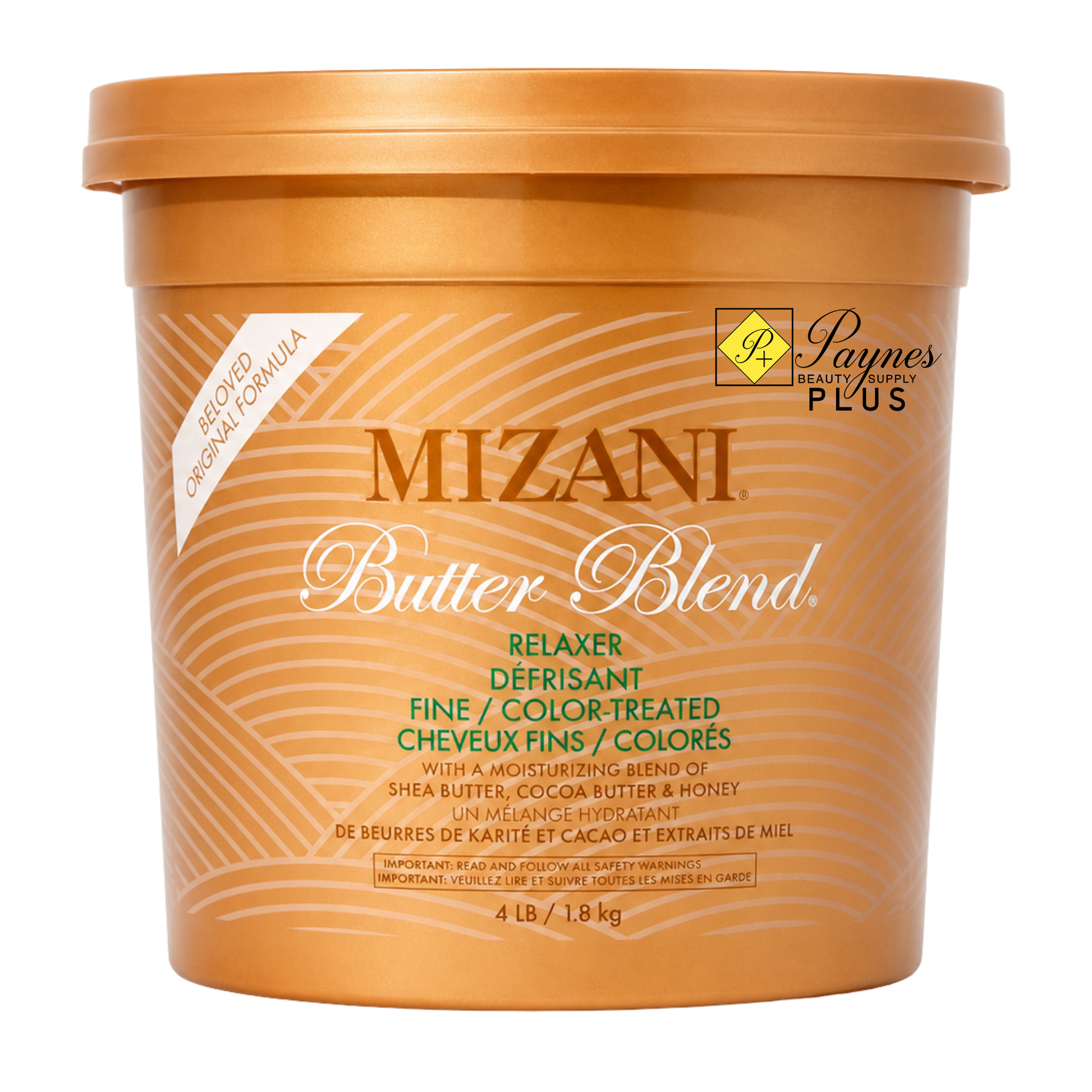 A 4 lb tub of Mizani Butter Blend Relaxer for Fine/ Color treated hair, featuring a metallic bronze-gold container with white and green text.