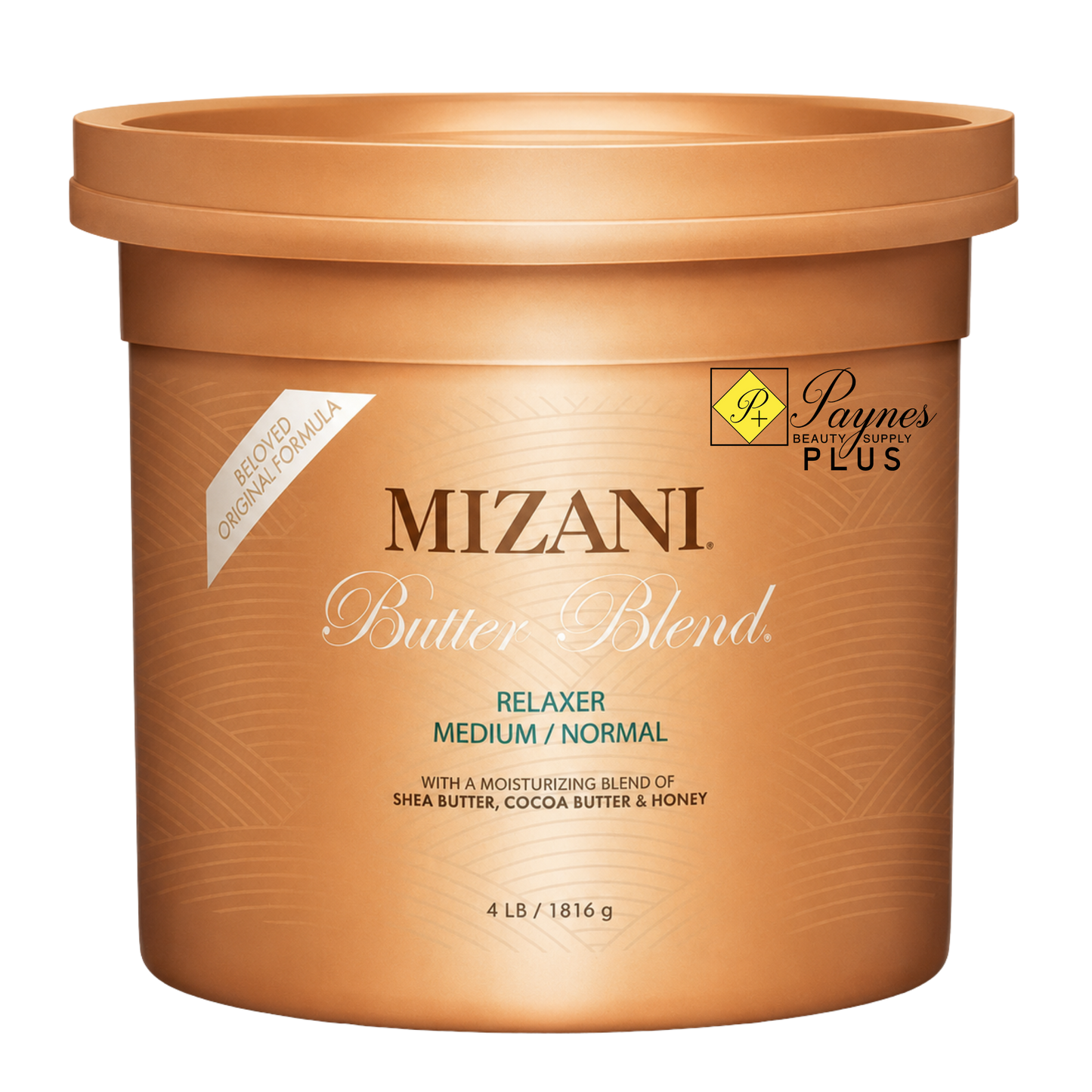 A 4lb plastic tub of Mizani Butter Blend Relaxer Medium/Normal hair relaxer, featuring a metallic copper-orange label and lid, with Paynes Real Beauty Plus logo.