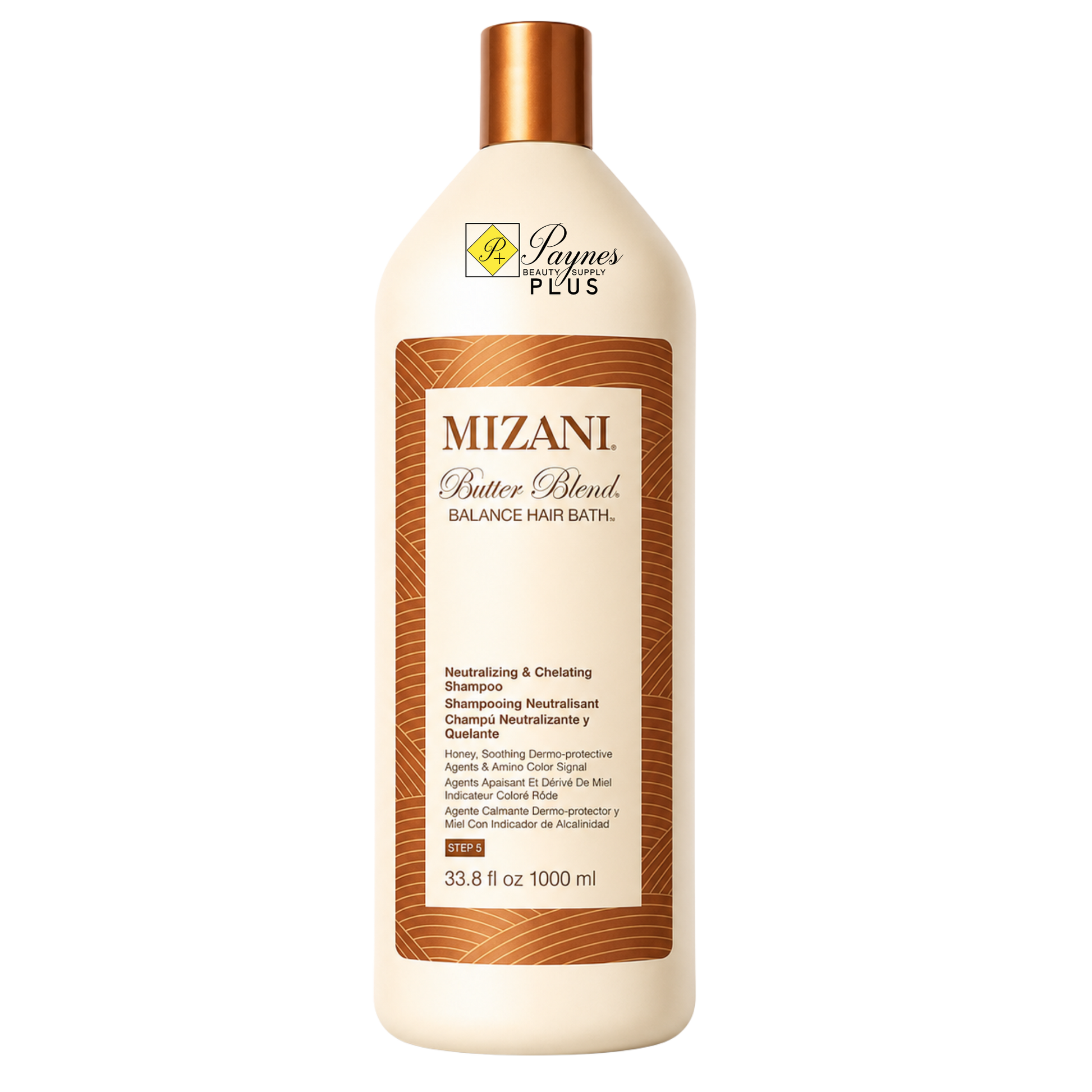 A 33.8 oz bottle of Mizani Butter Blend Balance Hair Bath by Ramesh Plus, featuring a cream-colored bottle with a metallic copper cap and a brown textured label.