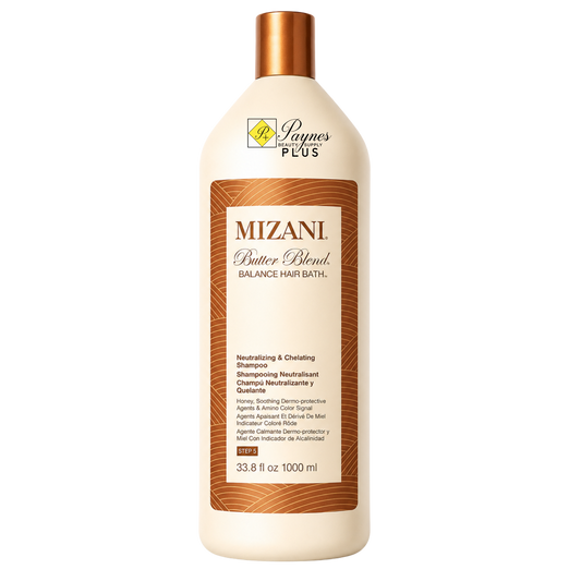 A 33.8 oz bottle of Mizani Butter Blend Balance Hair Bath by Ramesh Plus, featuring a cream-colored bottle with a metallic copper cap and a brown textured label.