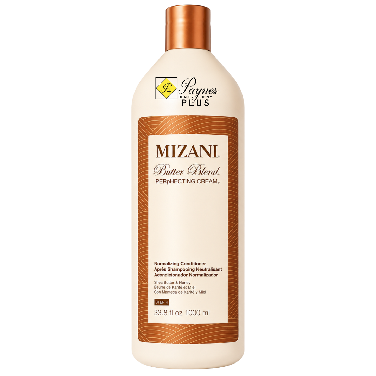 A 33.8 fl.oz ml bottle of Mizani Butter Blend Perfecting Cream Nourishing Conditioner. The bottle is off-white with a metallic copper cap and a central label featuring a brown wood-grain pattern border and cream background.