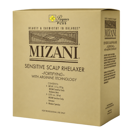 A beige cardboard box of Mizani Sensitive Scalp Rhelaxer, featuring black text and the Mizani logo on the front and side panels.