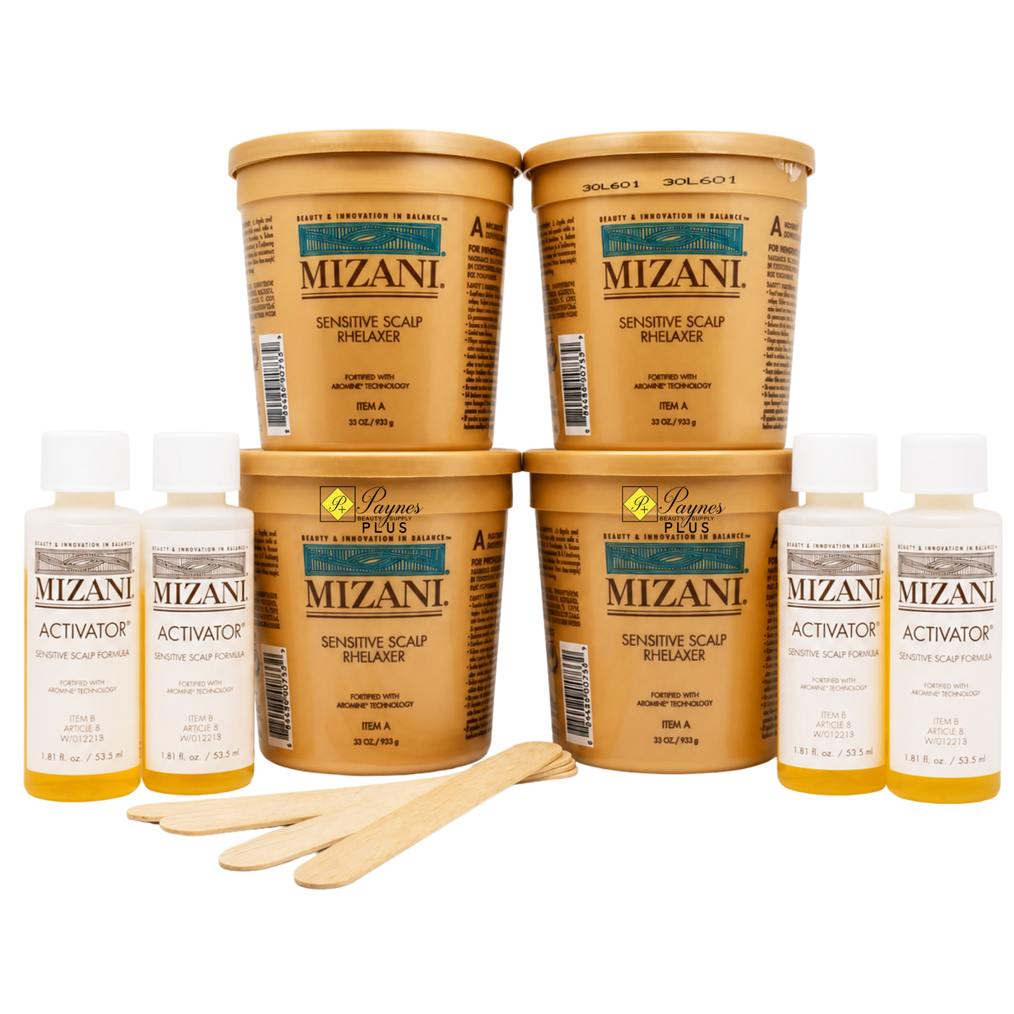 Mizani Sensitive Scalp Relief kit with four tan plastic tubs, four white bottles of Activator, two wooden spatulas, and two wooden sticks on a white background.