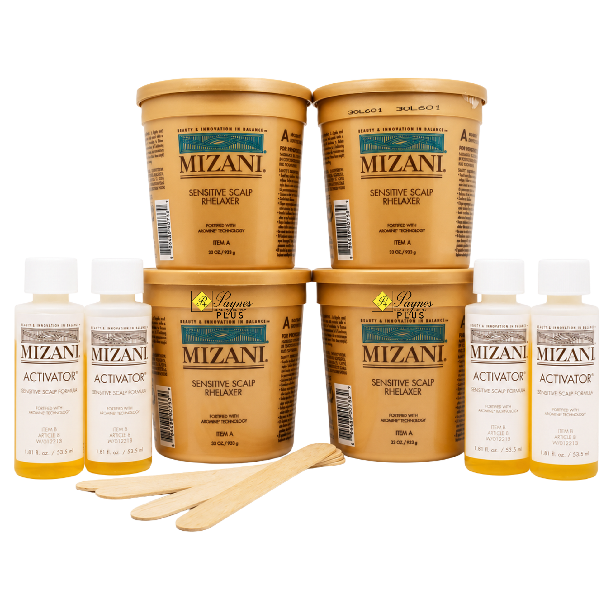 Mizani Sensitive Scalp Relief kit with four tan plastic tubs, four white bottles of Activator, two wooden spatulas, and two wooden sticks on a white background.
