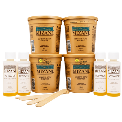 Mizani Sensitive Scalp Relief kit with four tan plastic tubs, four white bottles of Activator, two wooden spatulas, and two wooden sticks on a white background.