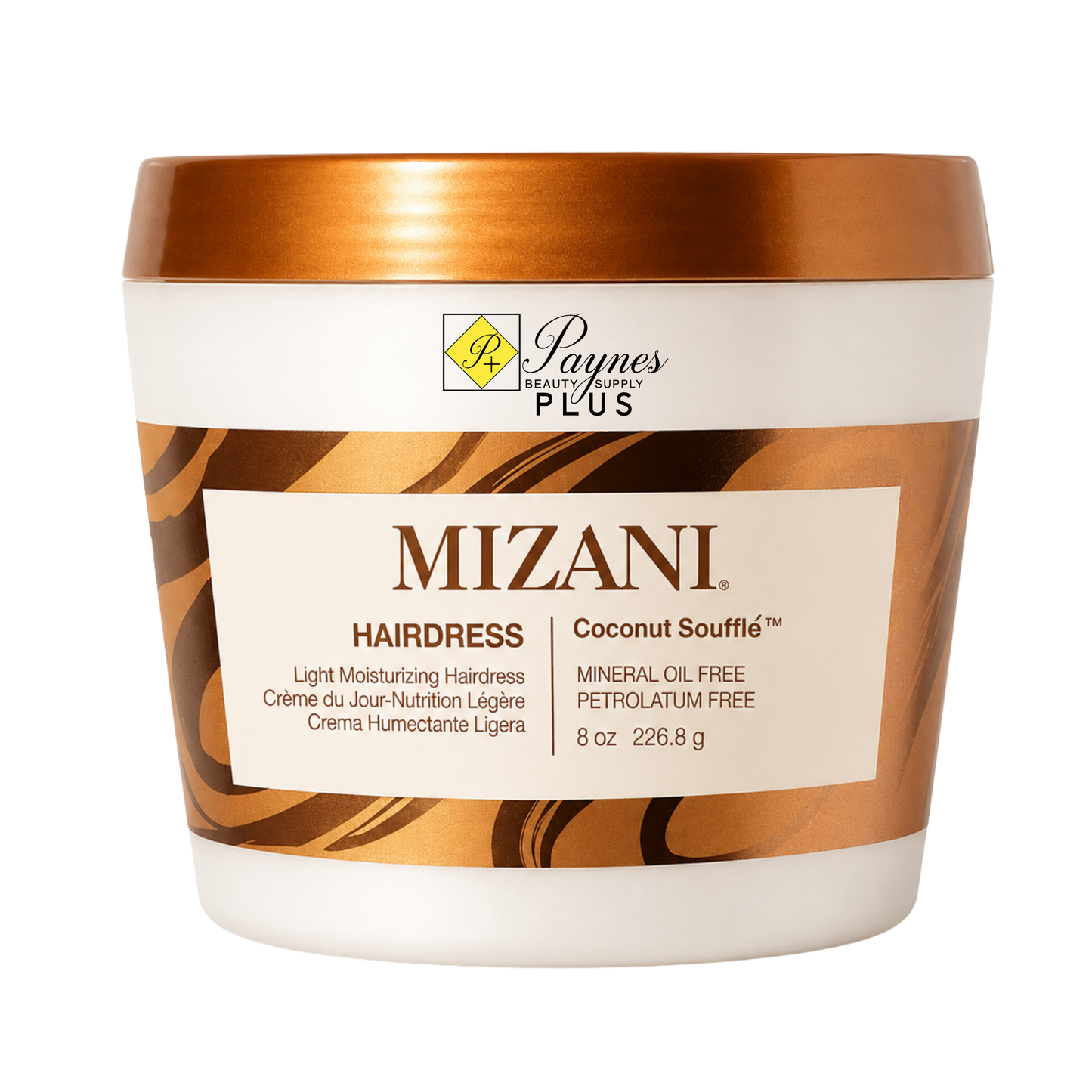 A white plastic 8oz Mizani Hairdress Coconut Souffle hair oil with a metallic bronze lid and patterned label, shown on a plain white background.